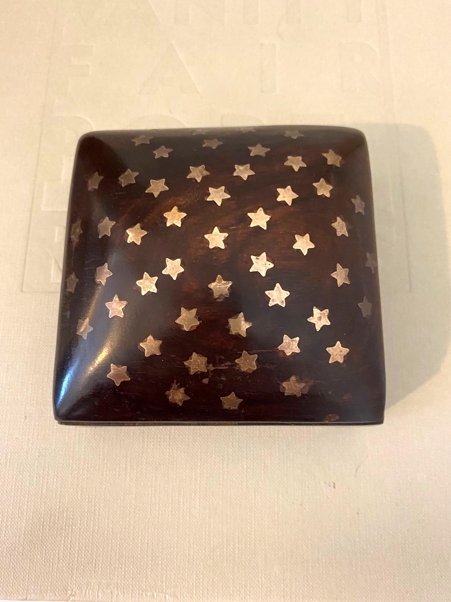 Hand-Carved Vintage Trinket Rosewood Box with Brass Star Inlays, Denmark, c. 1960's