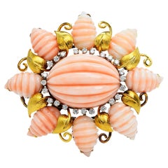 Vintage Trio Diamond Pink Coral 18K Gold Flower Star Large Brooch Pin