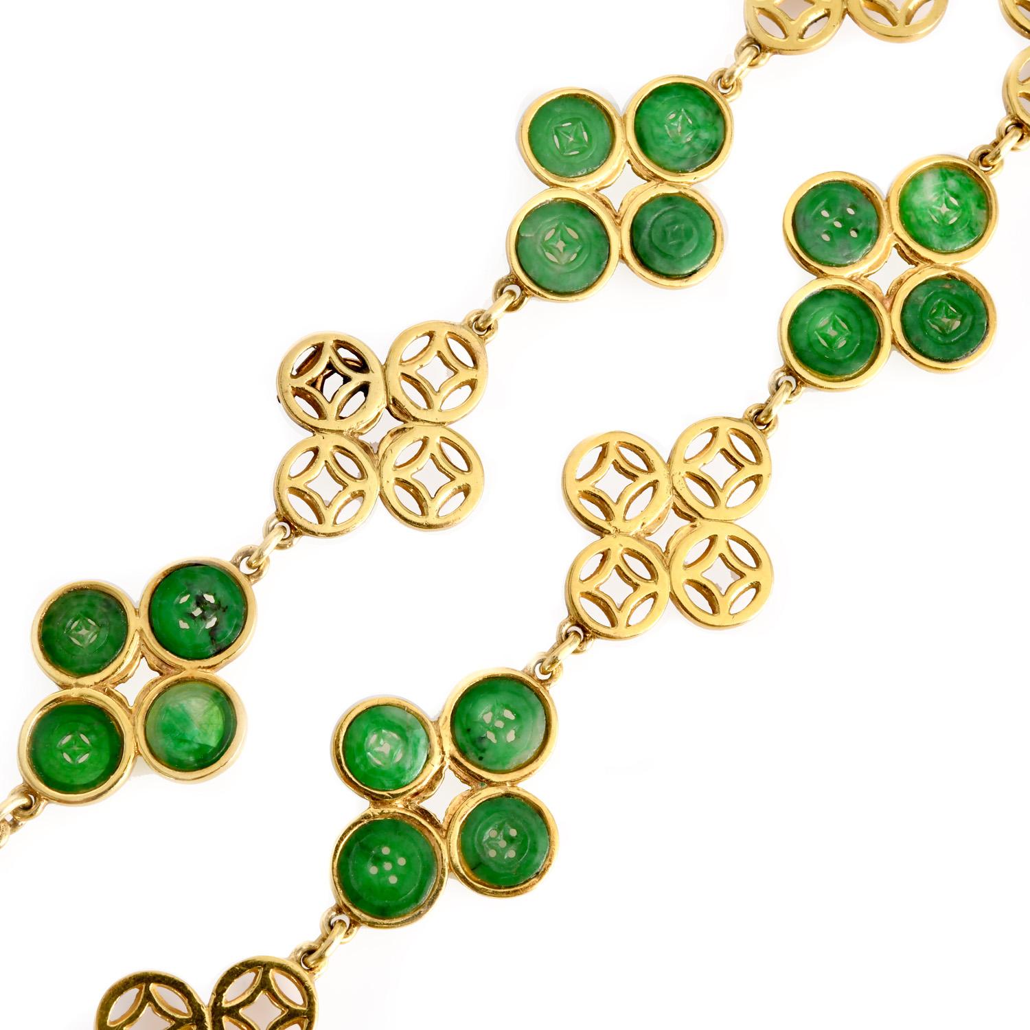 Mixed Cut Vintage TRIO GIA Jadeite Jade 18K Gold Quatrefoil Link Necklace For Sale