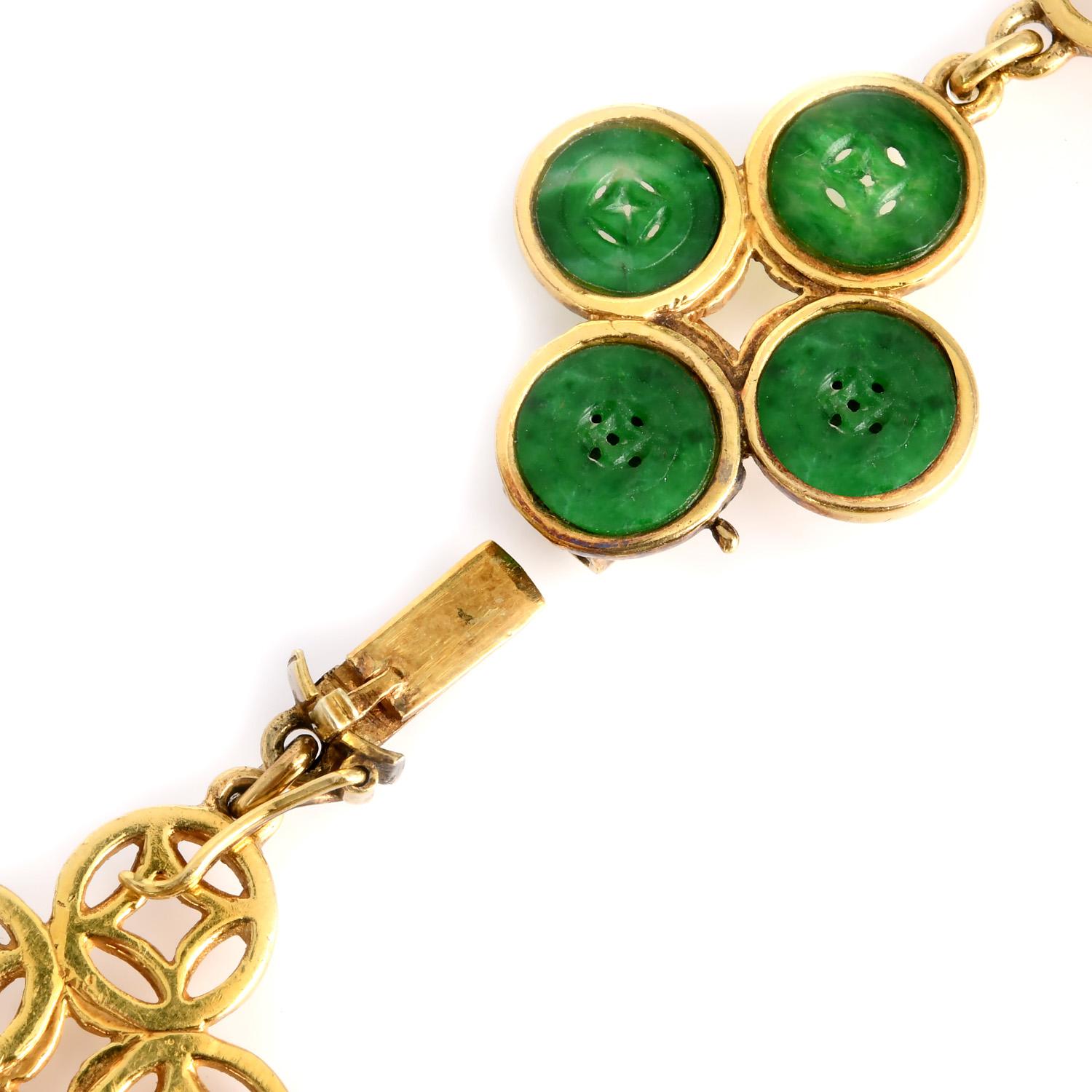 Men's Vintage TRIO GIA Jadeite Jade 18K Gold Quatrefoil Link Necklace For Sale
