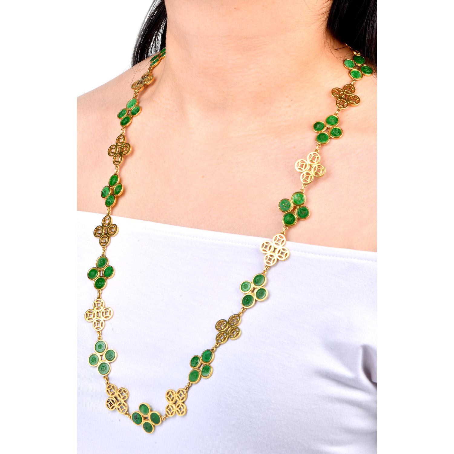 Vintage TRIO GIA Jadeite Jade 18K Gold Quatrefoil Link Necklace For Sale 2