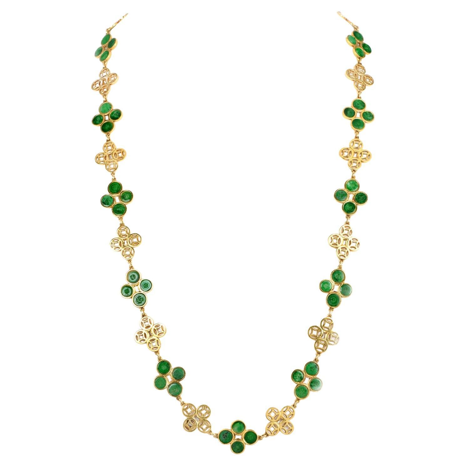 Vintage TRIO GIA Jadeite Jade 18K Gold Quatrefoil Link Necklace
