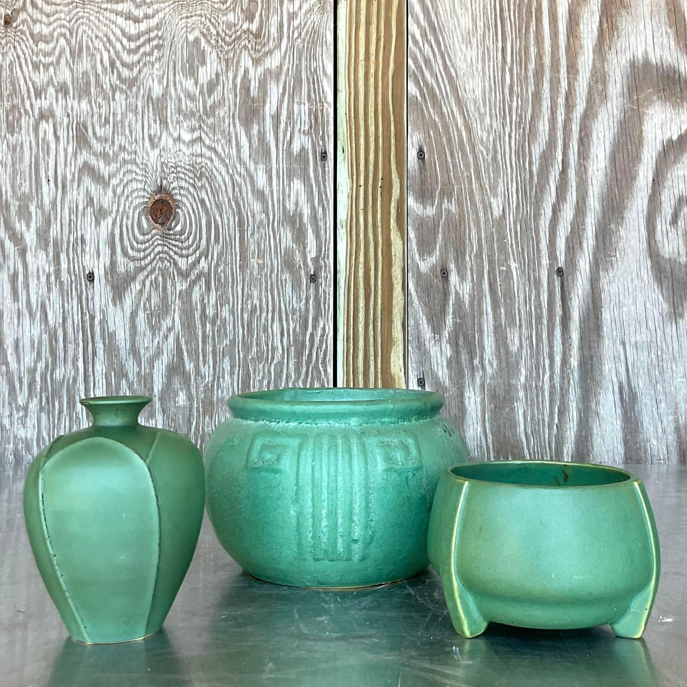 American Vintage Trio of Matte Glazed Ceramic Vases For Sale