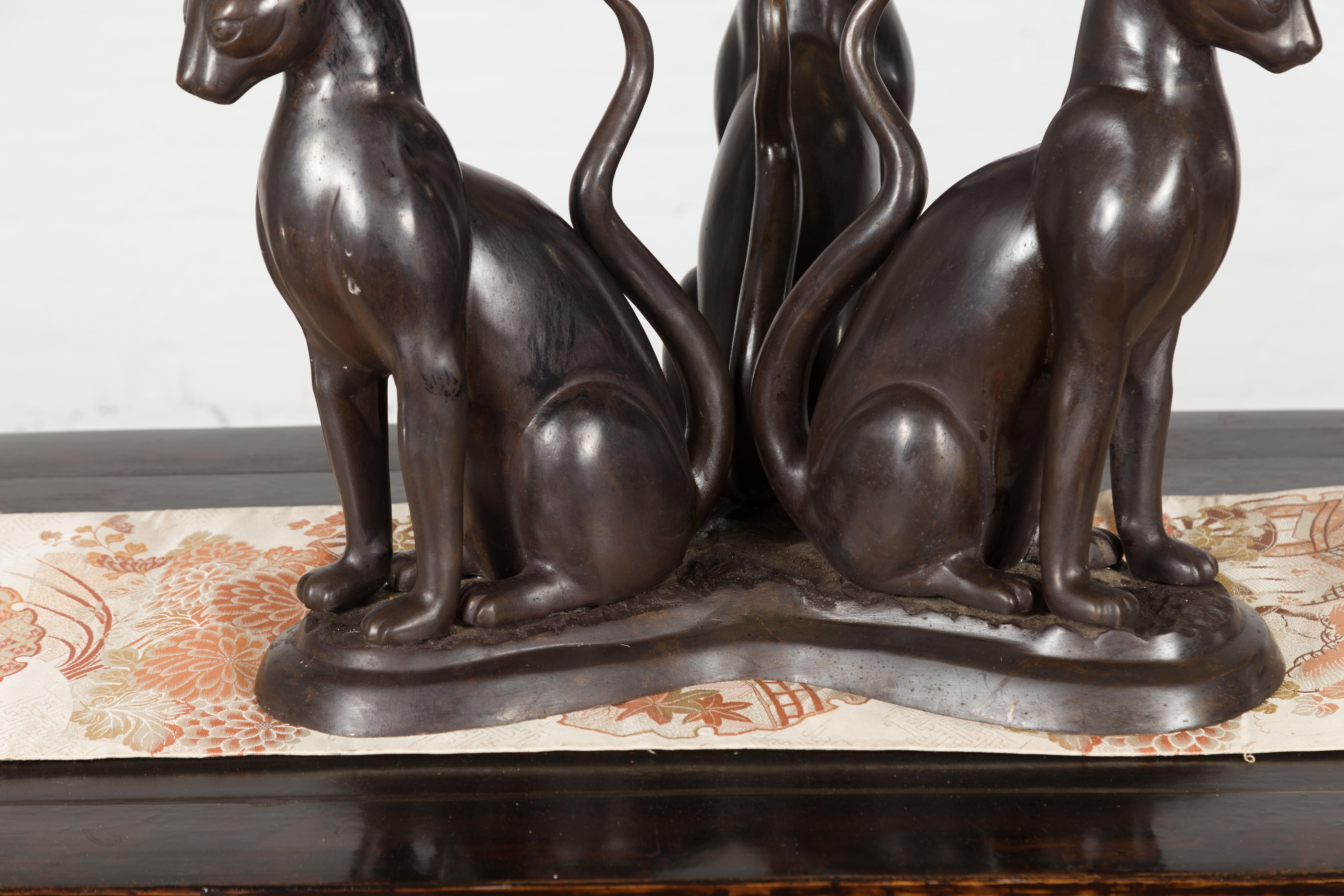20th Century Vintage Triple Cat Lost Wax Cast Bronze Coffee Table Base with Dark Patina For Sale