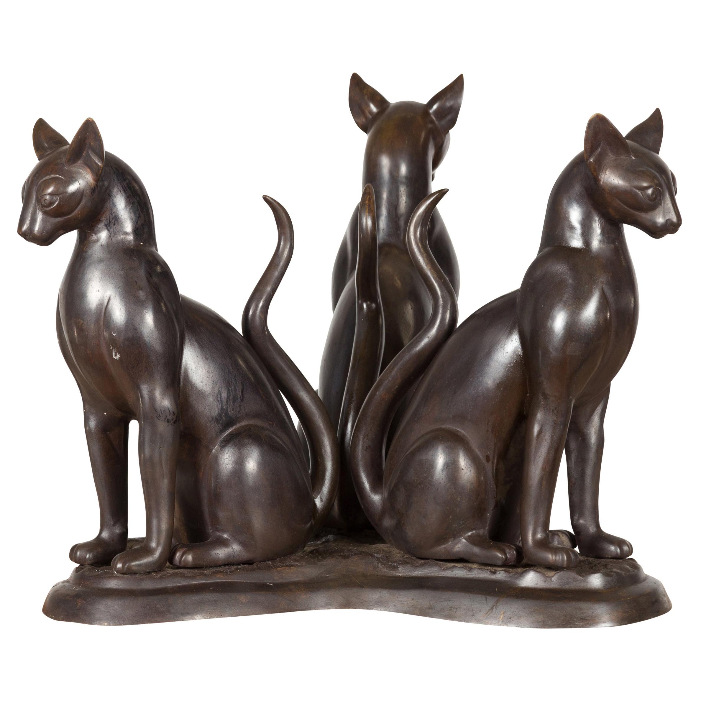 Vintage Triple Cat Lost Wax Cast Bronze Coffee Table Base with Dark Patina For Sale