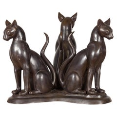 Vintage Triple Cat Lost Wax Cast Bronze Coffee Table Base with Dark Patina