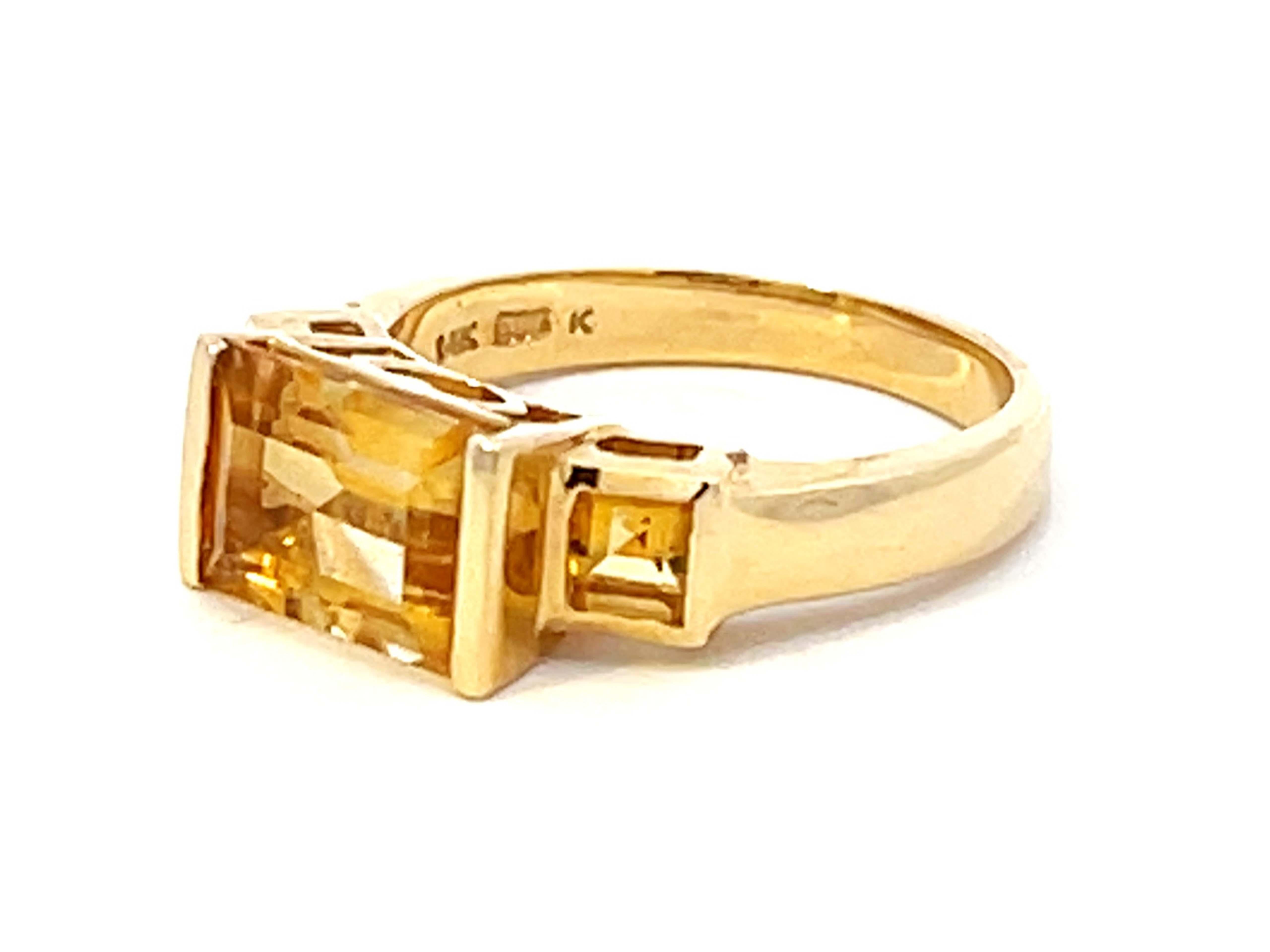 Emerald Cut Vintage Triple Citrine Ring in 14k Yellow Gold For Sale