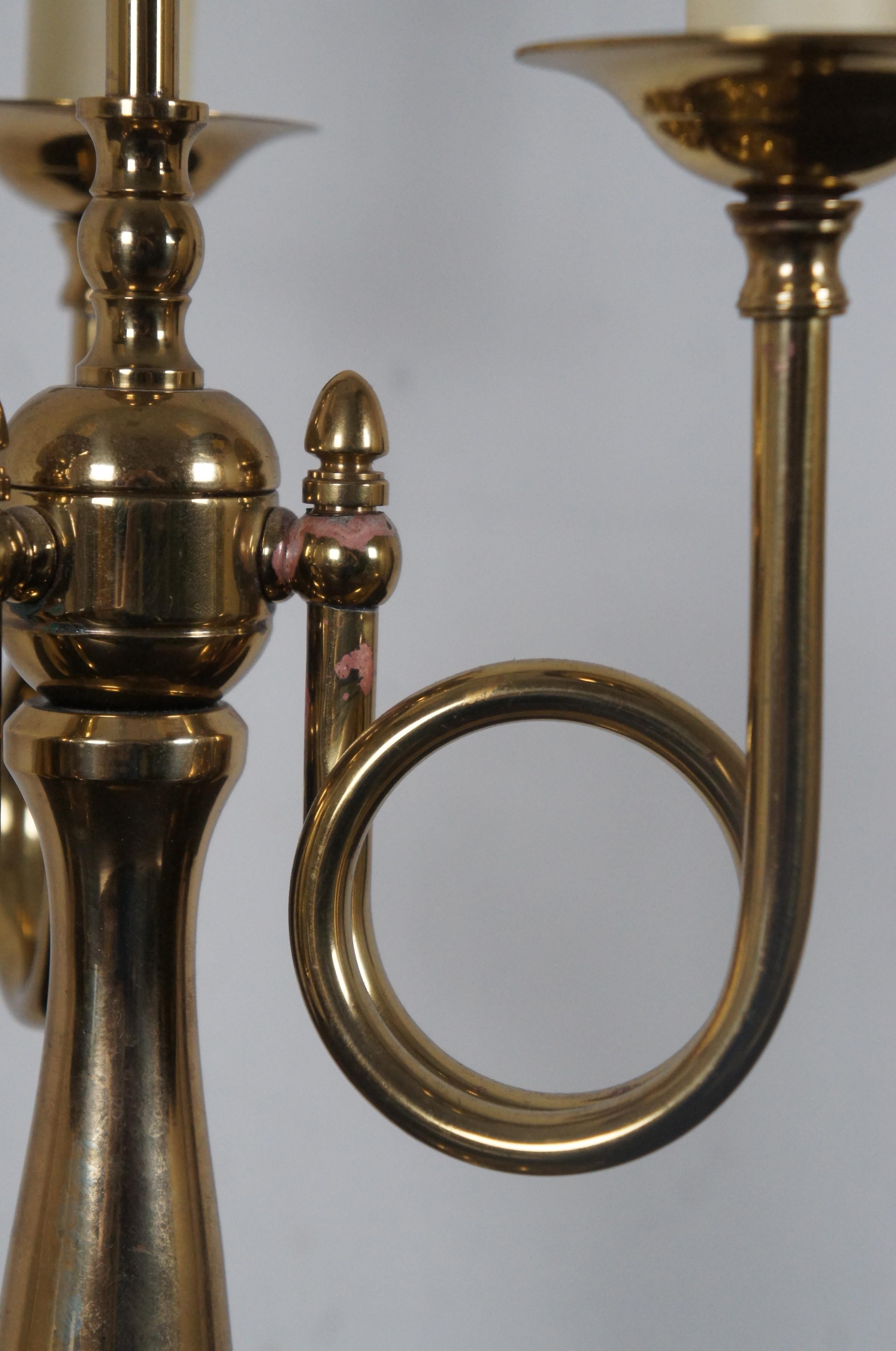 Vintage Triple French Horn 3 Arm Brass Candelabra Bouillotte Library Table Lamp For Sale 5