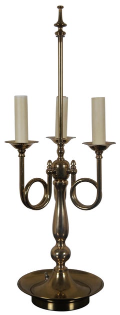Vintage Triple French Horn 3 Arm Brass Candelabra Bouillotte Library Table Lamp