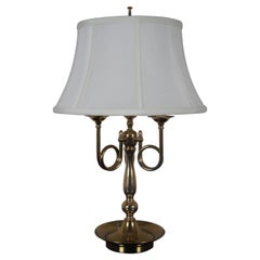Vintage Triple French Horn 3 Arm Brass Candelabra Bouillotte Library Table Lamp