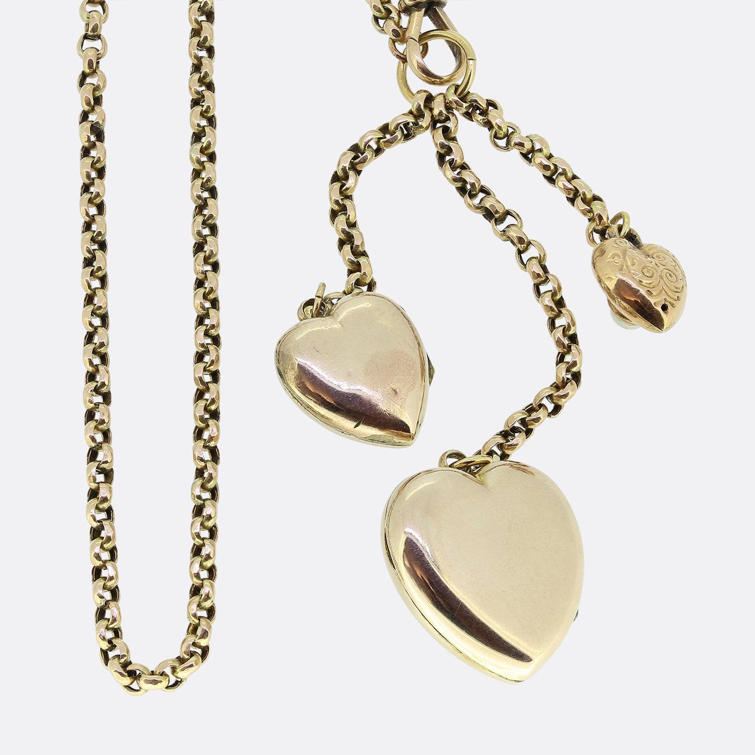 Round Cut Vintage Triple Love Heart Charm Necklace For Sale