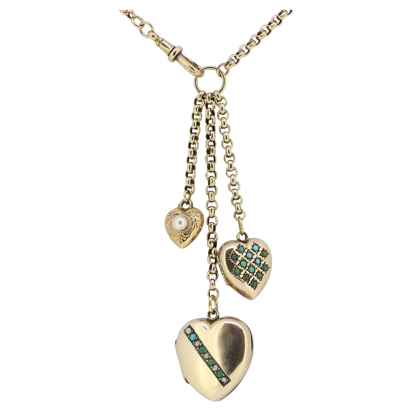 Vintage Triple Love Heart Charm Necklace For Sale