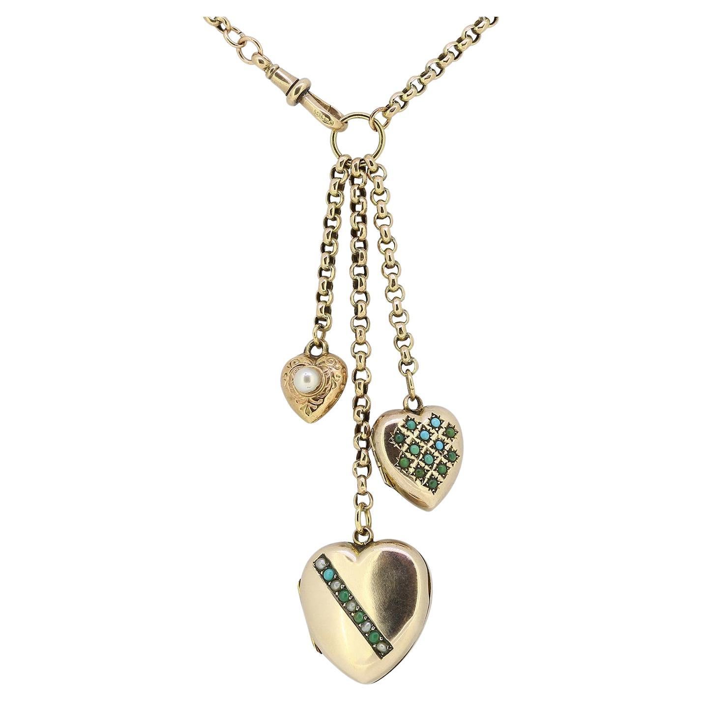 Vintage Triple Love Heart Charm Necklace