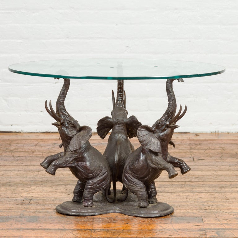 Vintage Triple Raised Elephants Coffee Table Base with Dark Patina