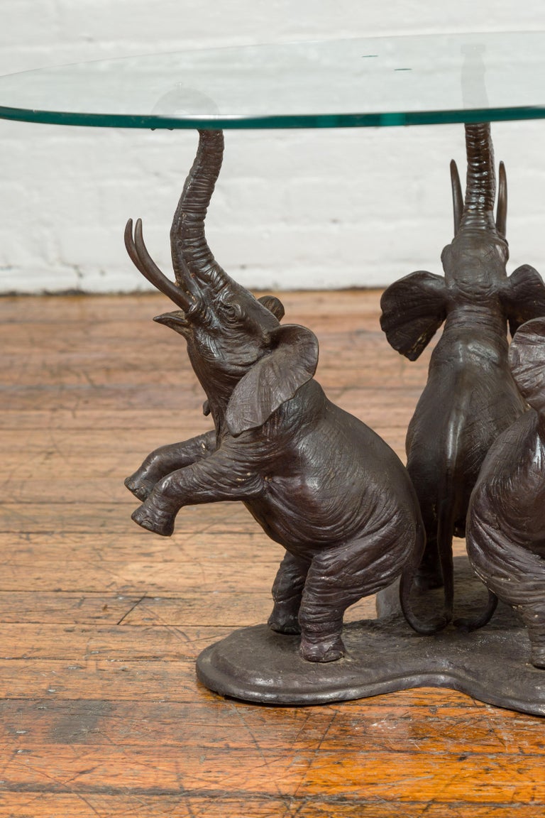 Vintage Triple Raised Elephants Coffee Table Base with Dark Patina