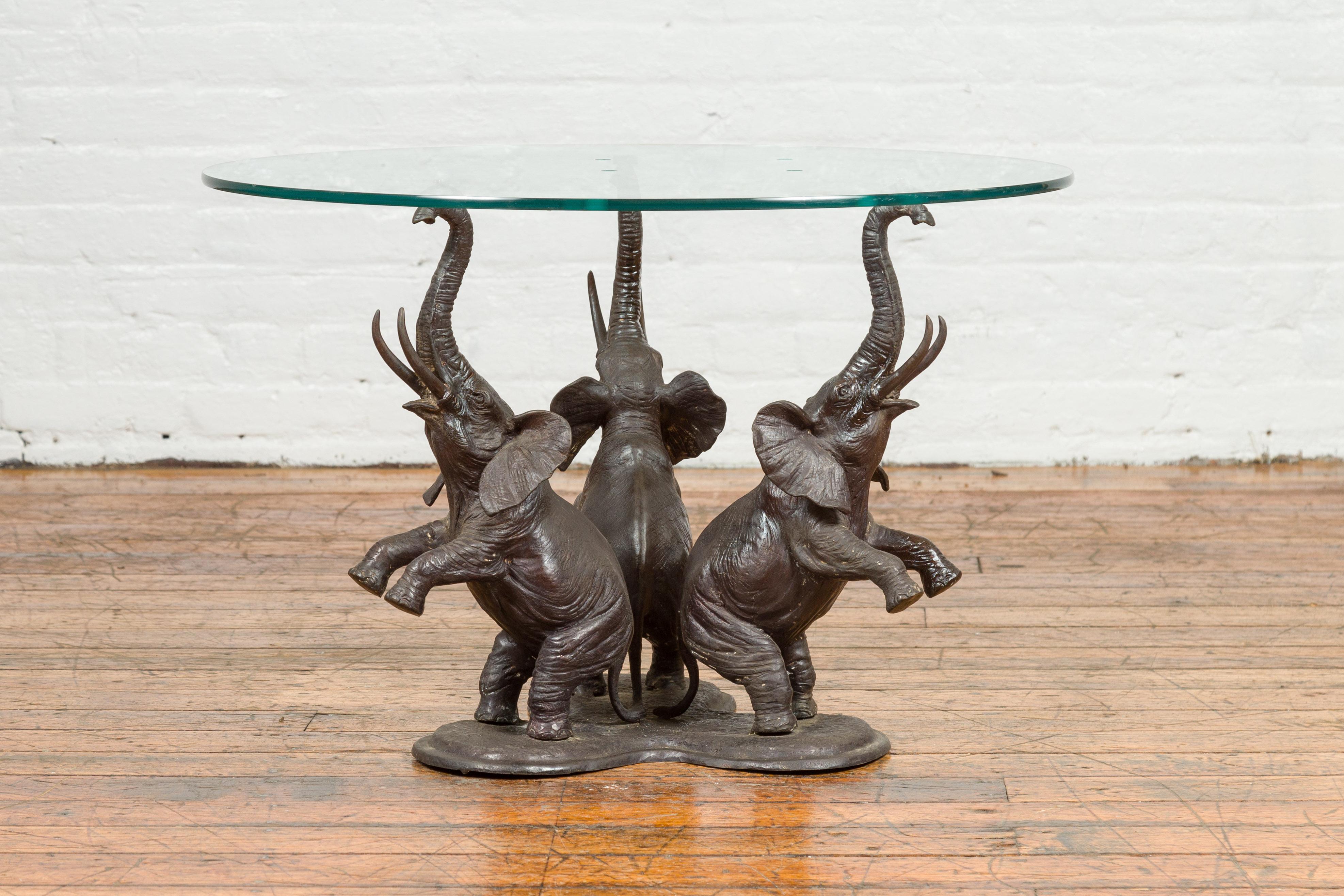 Cast Vintage Triple Raised Elephants Coffee Table Base with Dark Patina, 20th Century For Sale