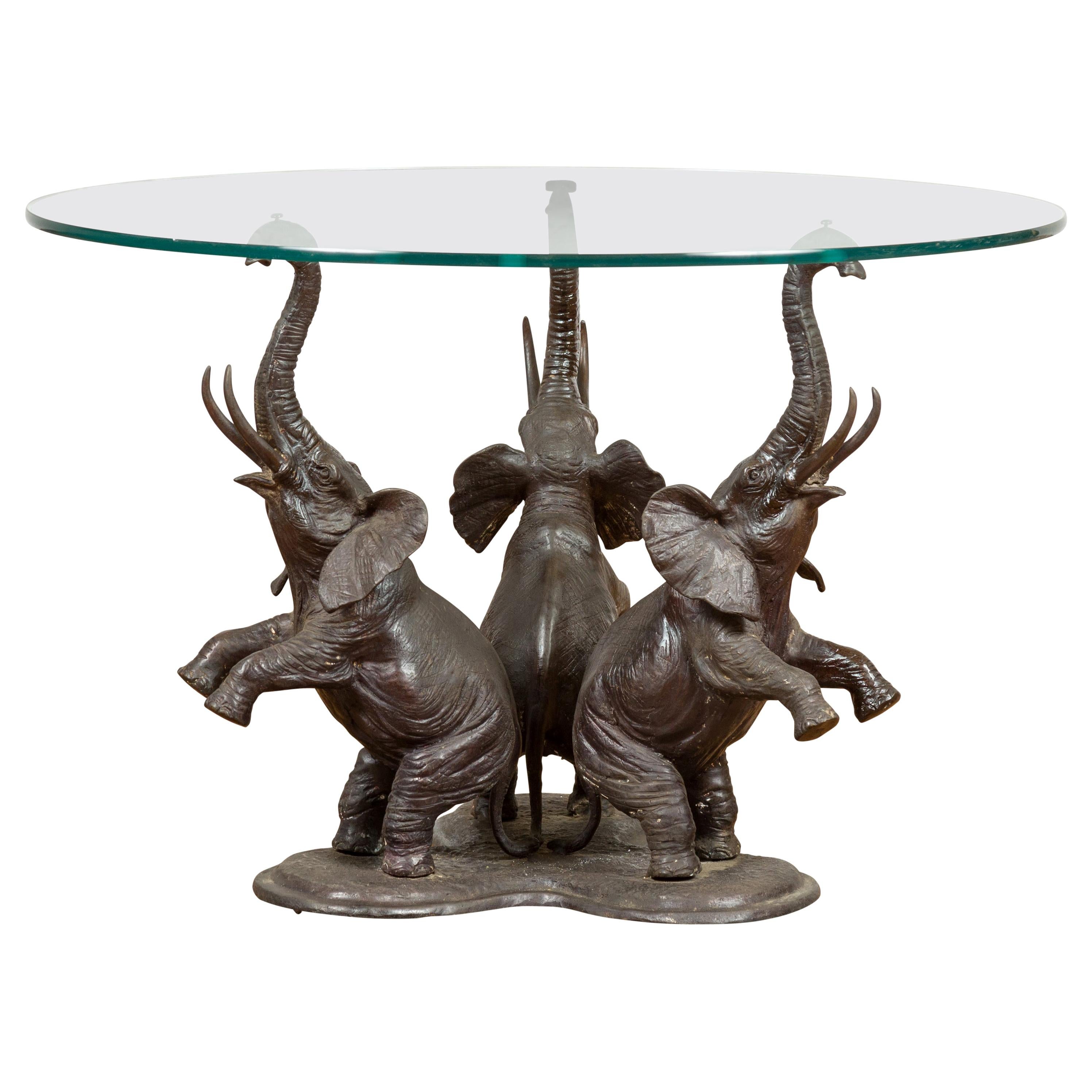 Vintage Triple Raised Elephants Coffee Table Base with Dark Patina, 20th Century For Sale