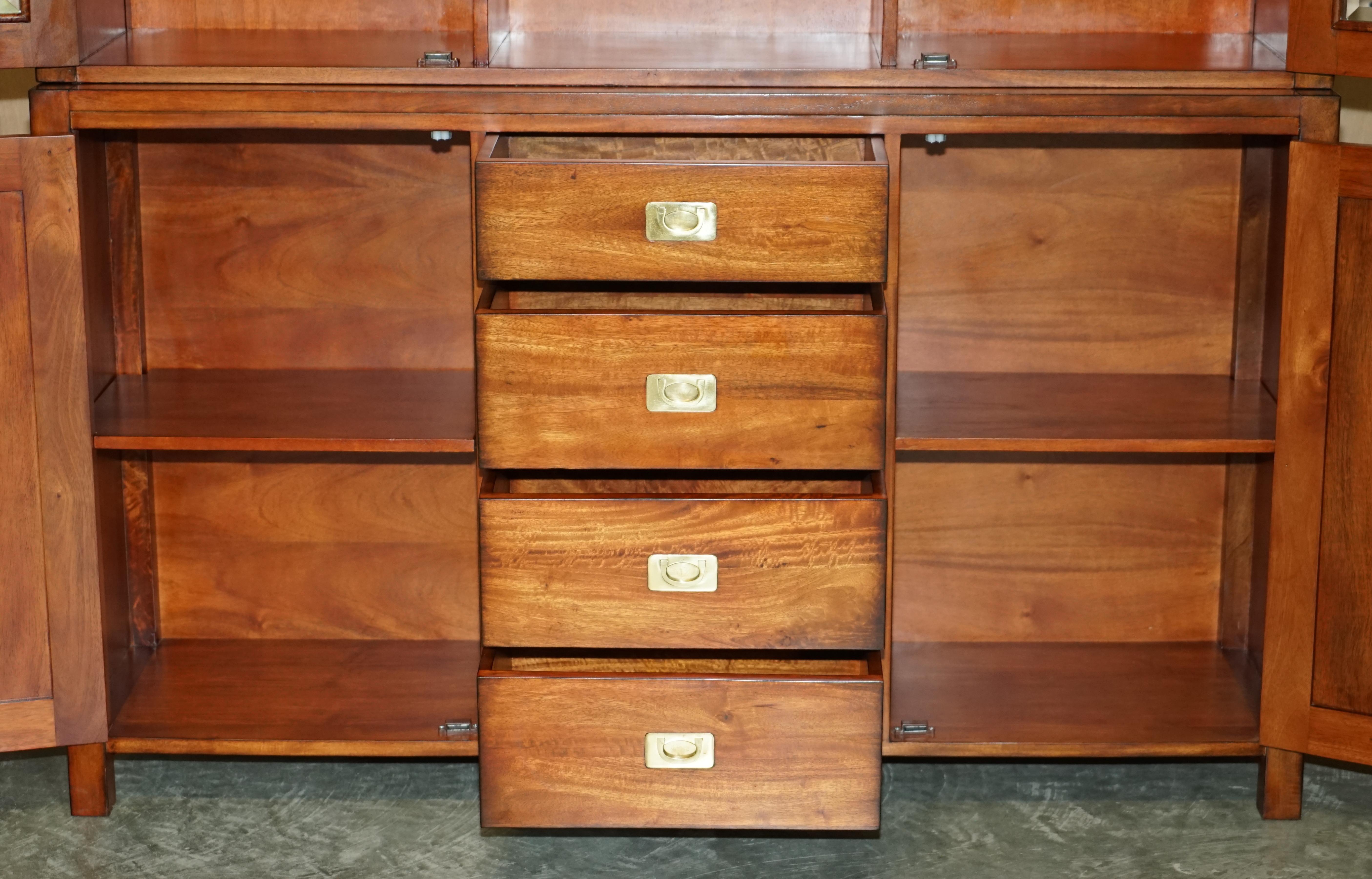 Vintage Triple Spot Light Military Campaign Library Bookcase Sideboard Drawers For Sale 14