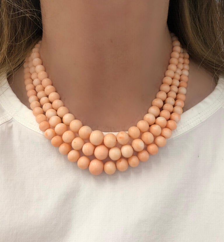 Collier Vintage En Corail Peau D'ange Et Or 18k - Occasion Rare Et Authentique