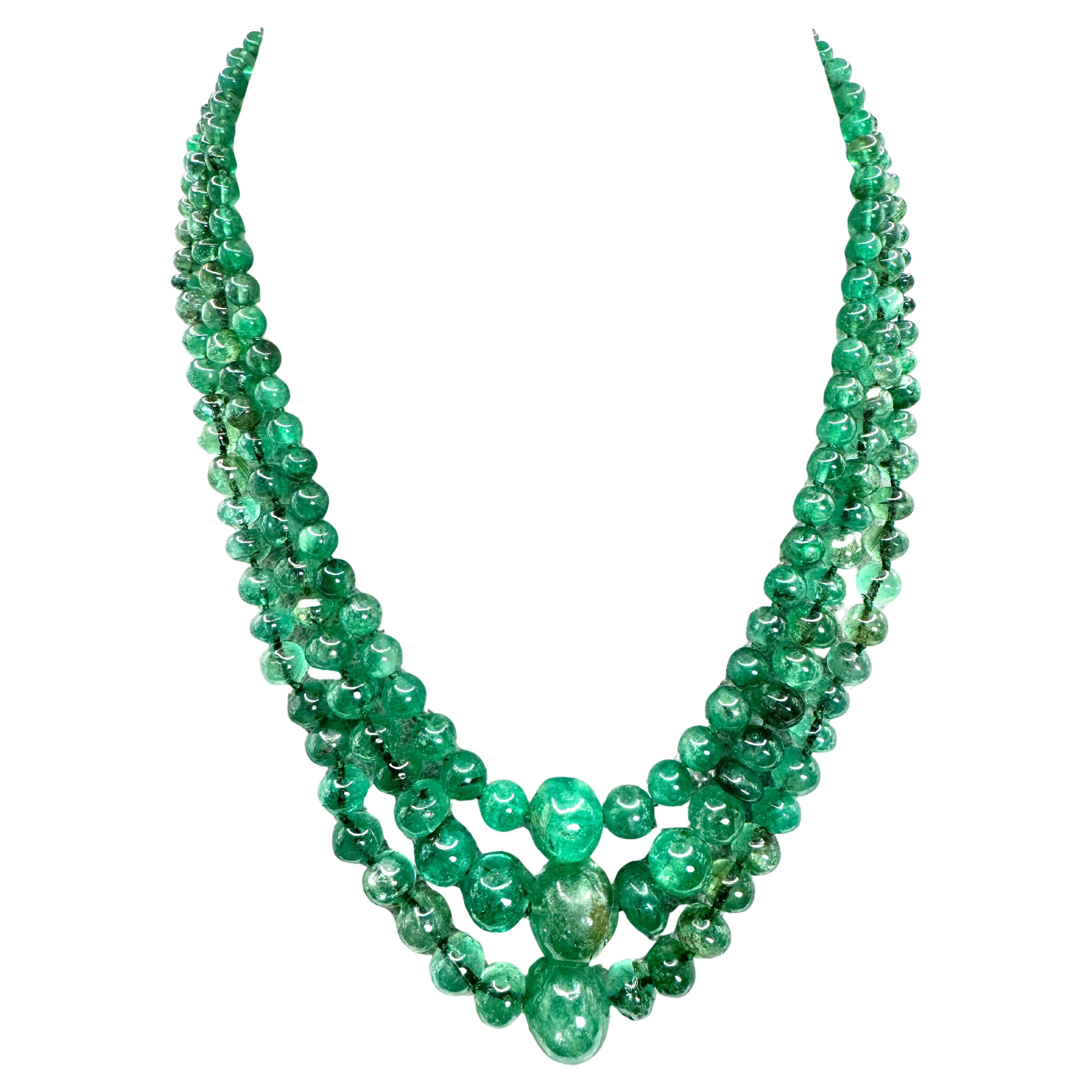 Vintage Triple-Strand Emerald Bead Necklace with Diamond Floral Clasp