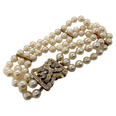 Vintage Triple Strand Pearl Bracelet Diamond Clasp 14K Yellow Gold