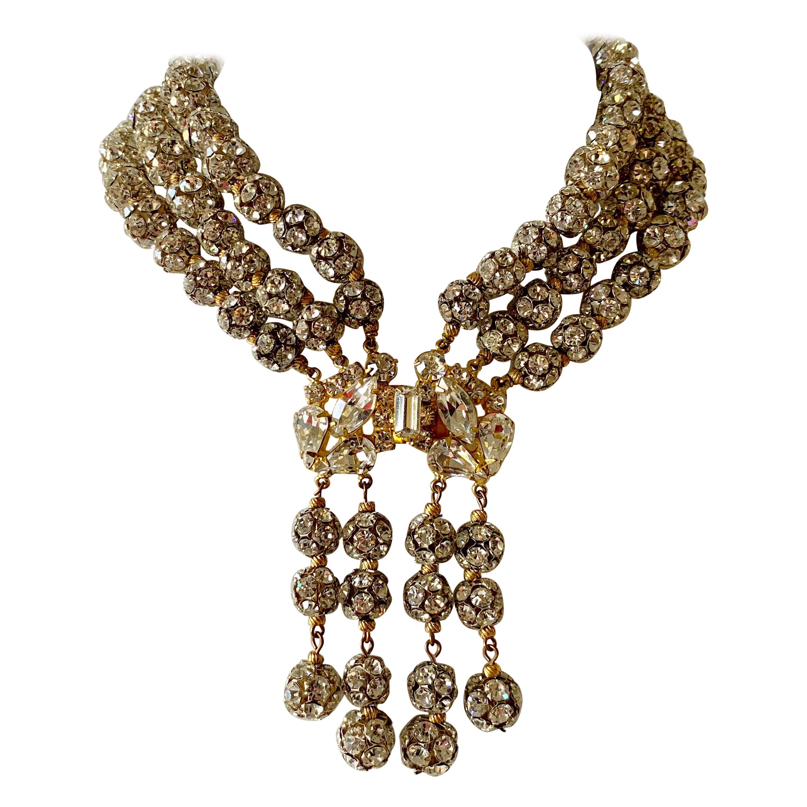 Vintage Triple Strand Rondelle Diamante Gilt Statement "Collier" Necklace 