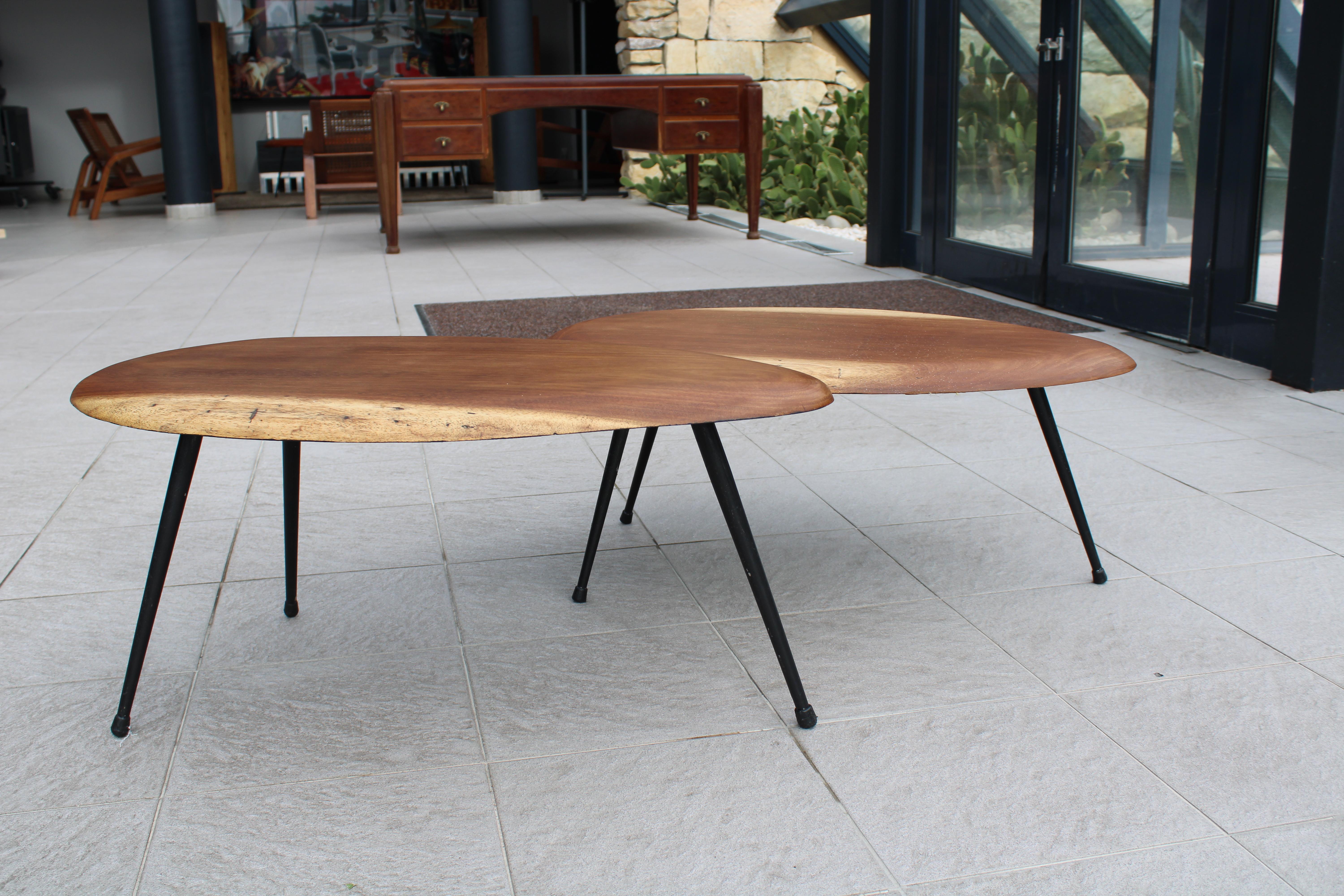 Pair of design coffee tables with natural wood top and black lacquered tripod base. Free form
Height: 30 cm
Length: about 80 cm.
 