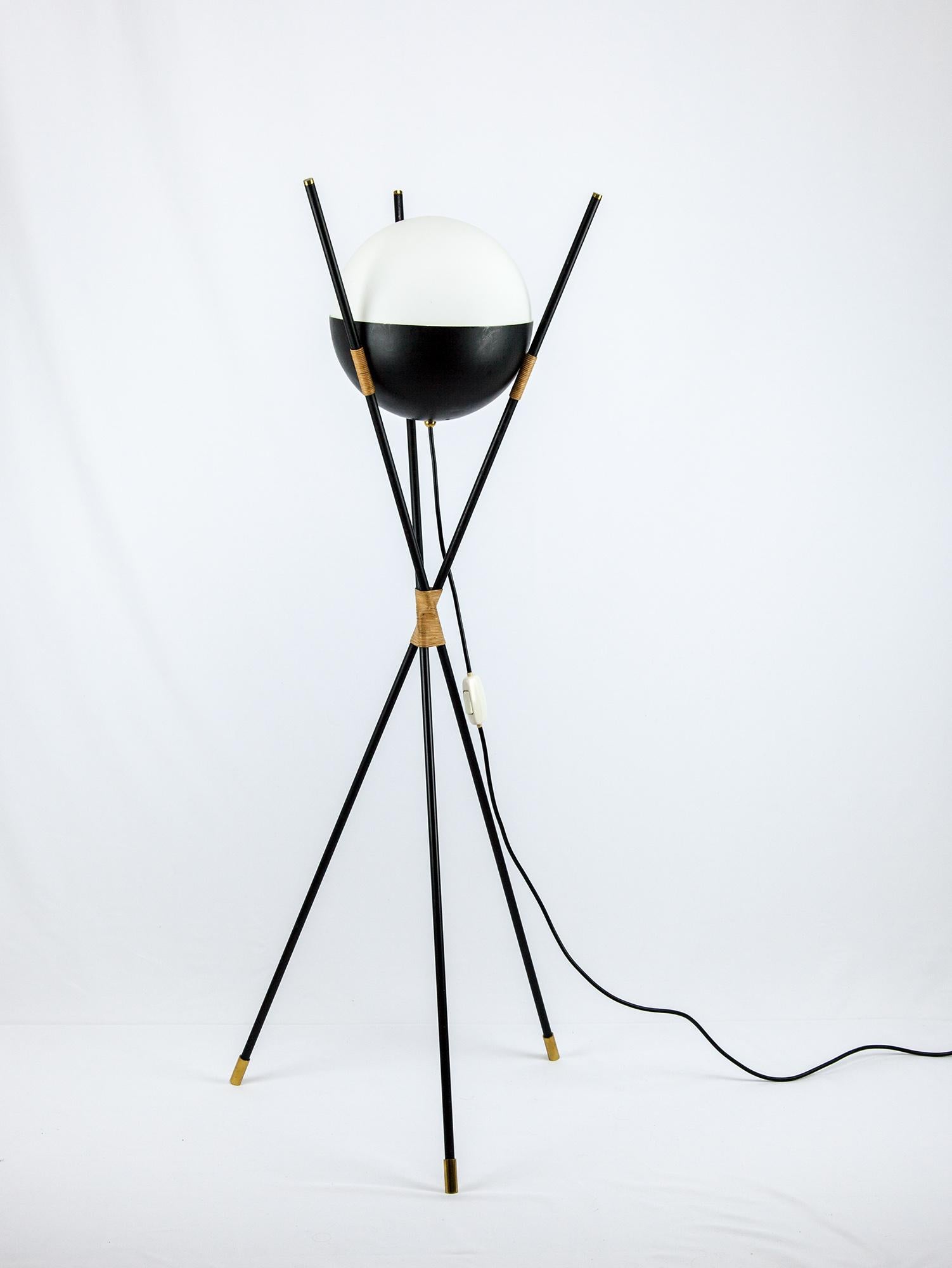 Vintage tripod floor lamp by Angelo Brotto for Esperia. The striking form of the tripod floor lamp with its opaline glass shade is the epitome of modernist design. The sharp clean lines, the geometric shape of the shade and its minimal colour