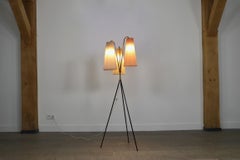 Vintage Tripod Floor Lamp in Brass and Plisse, 1950s