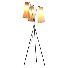 Used Tripod Floor Lamp in Brass and Plisse, 1950s