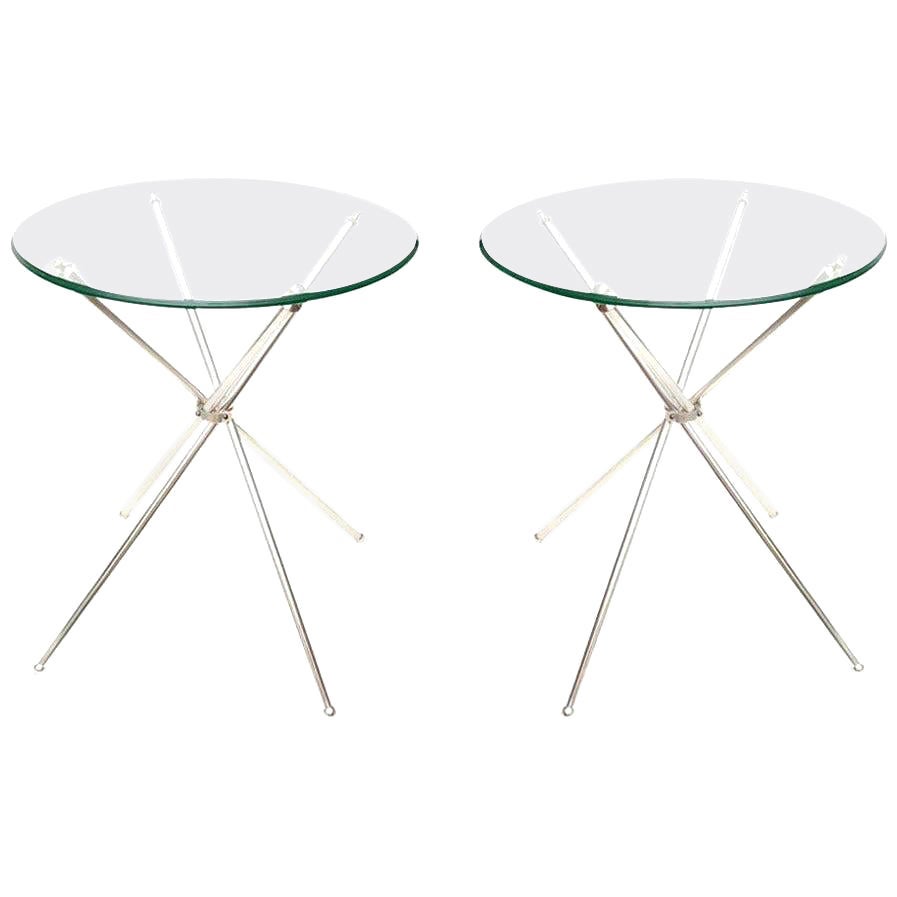 Vintage Tripod Folding Silver Plate and Glass Side or Drink Round Tables Pair Of