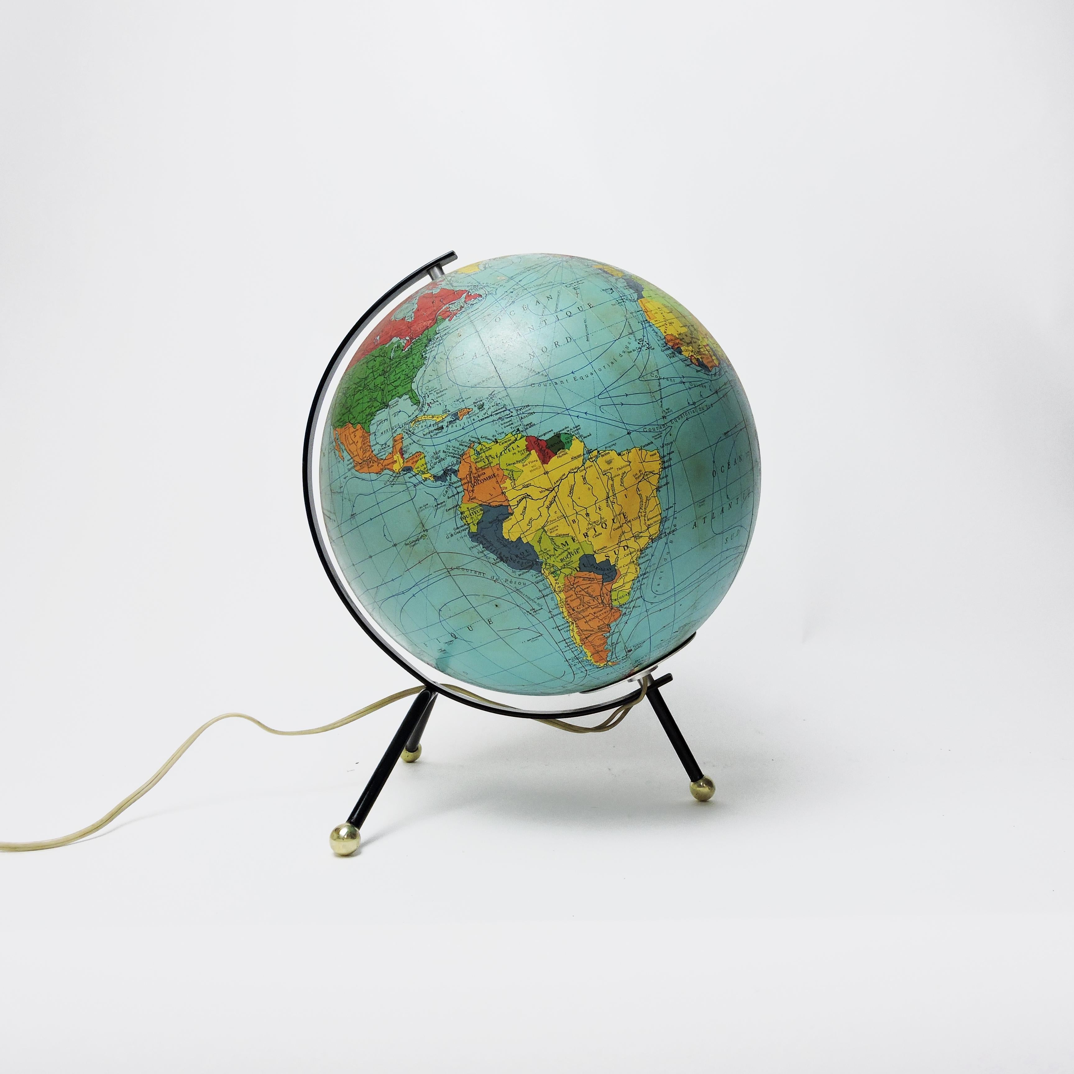 Mid-Century Modern Vintage Tripod Glowing Earth Globe by Cartes Taride, 1966 For Sale