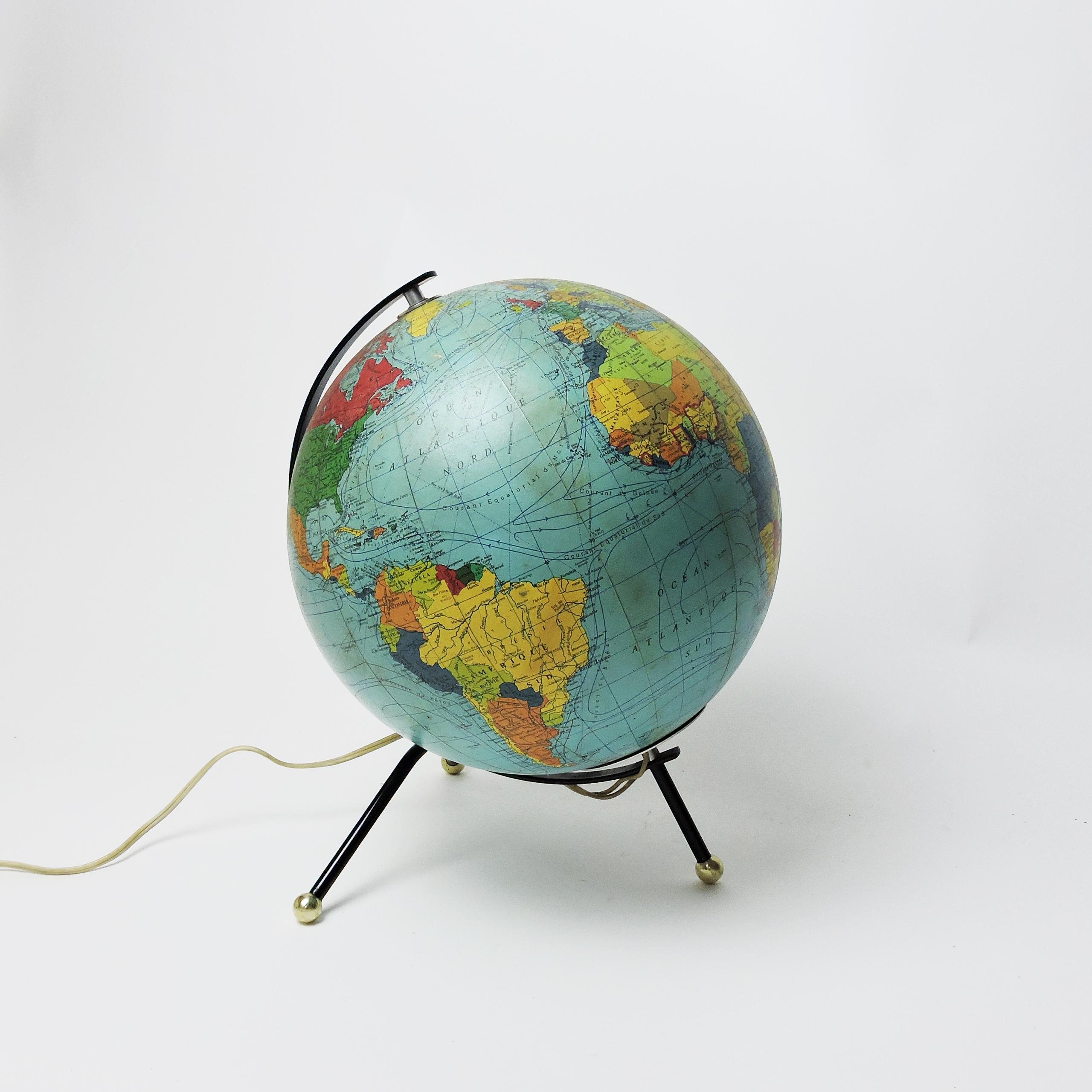 Mid-20th Century Vintage Tripod Glowing Earth Globe by Cartes Taride, 1966 For Sale