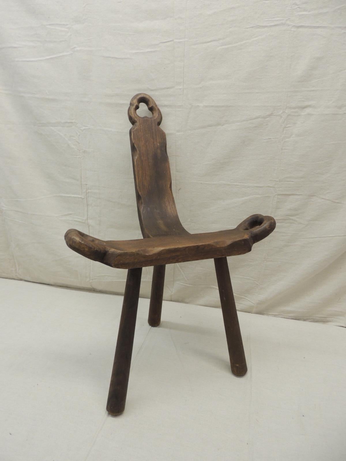 Vintage Tripod Legs Wood Birthing Petite Side Chair.
Hand carved with three round legs.
Size: 19