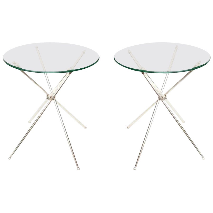 Vintage Tripod Silver Plate and Glass Side or Drink Folding Round Tables Pair Of For Sale