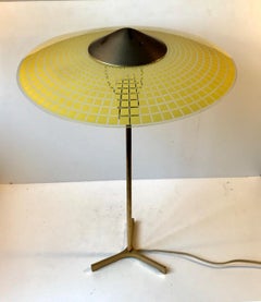 Vintage Tripod Table Lamp in Brass and Checkered Glass, Swiss, circa 1960s