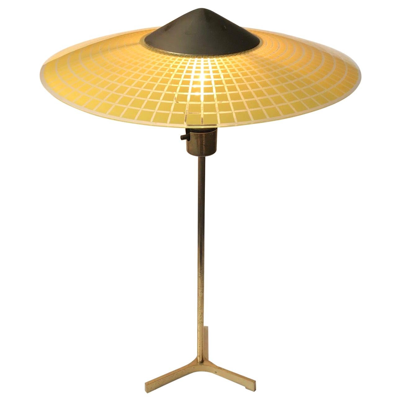 Vintage Tripod Table Lamp in Brass and Checkered Glass, Swiss, circa 1960s For Sale