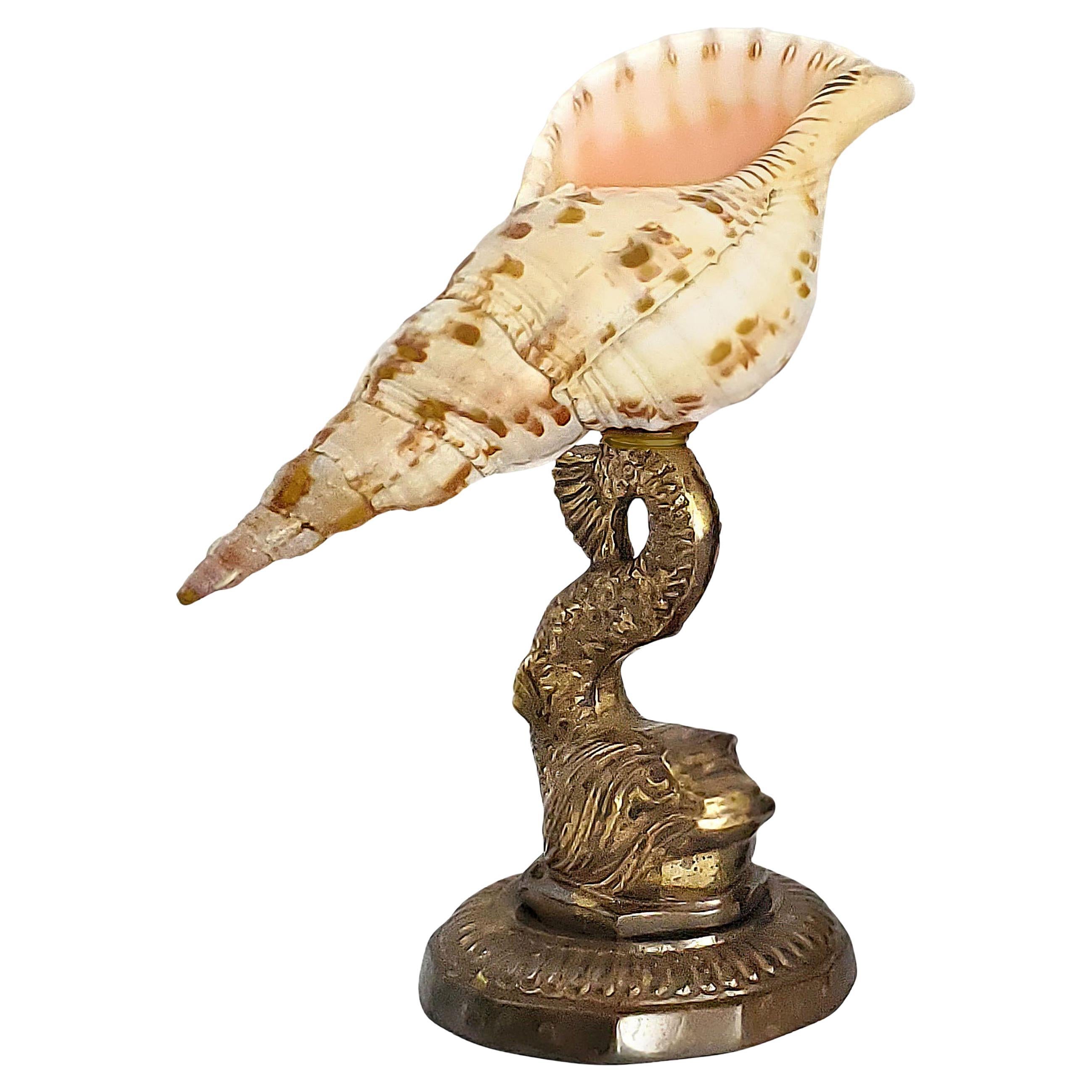 1960s Vintage Triton Conch Shell Sculpture on Brass Koi Fish Stand