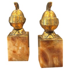 Vintage Trojan Helmet Bookends in Gilt Bronze and Honey Onyx