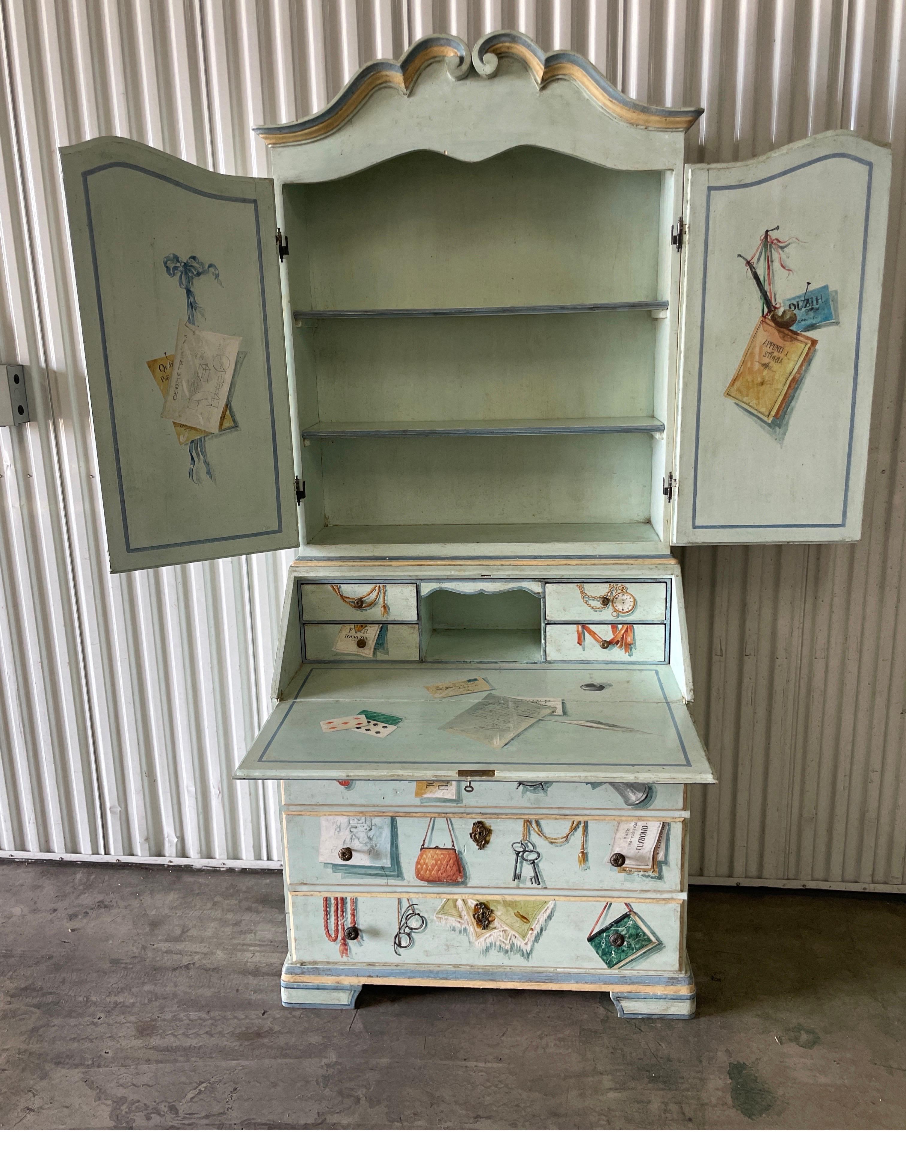 Vintage Trompe-L' oeil Painted Secretary in Fornasetti Style 9