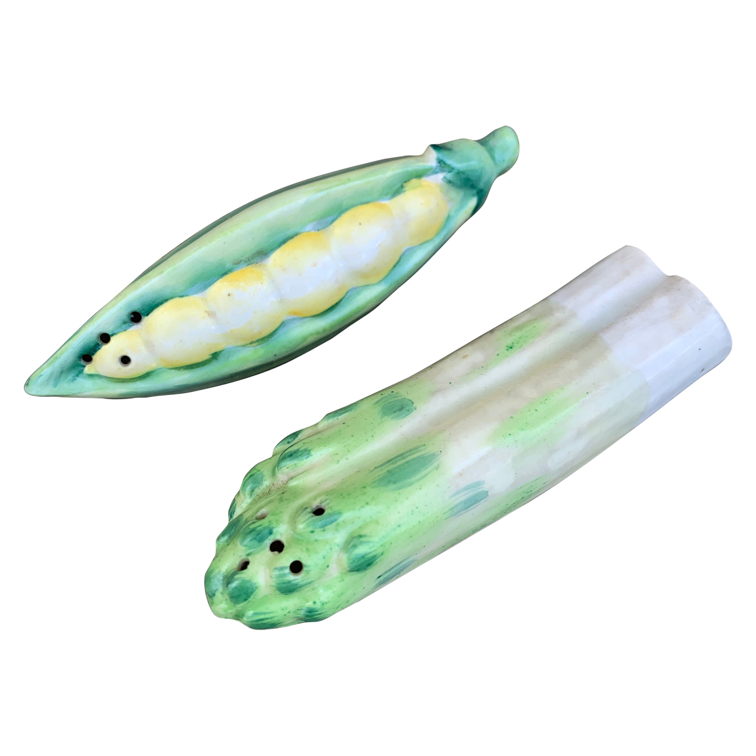 Vintage Trompe L'Oeil Ceramic Pea Pod and Asparagus Salt and Pepper Shakers