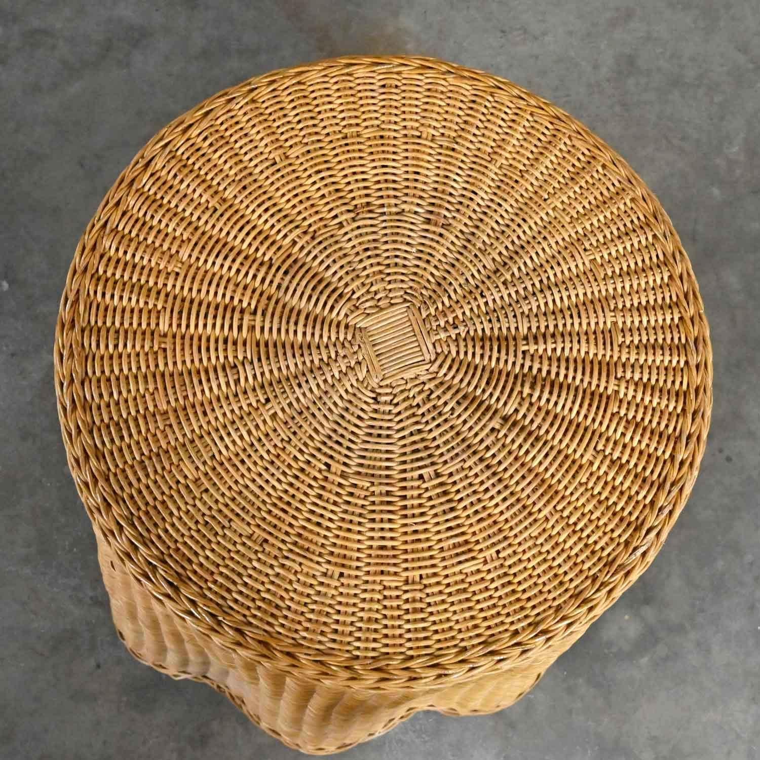 Vintage Trompe L’oeil Draped Wicker End or Side Table with Round Glass Top 5