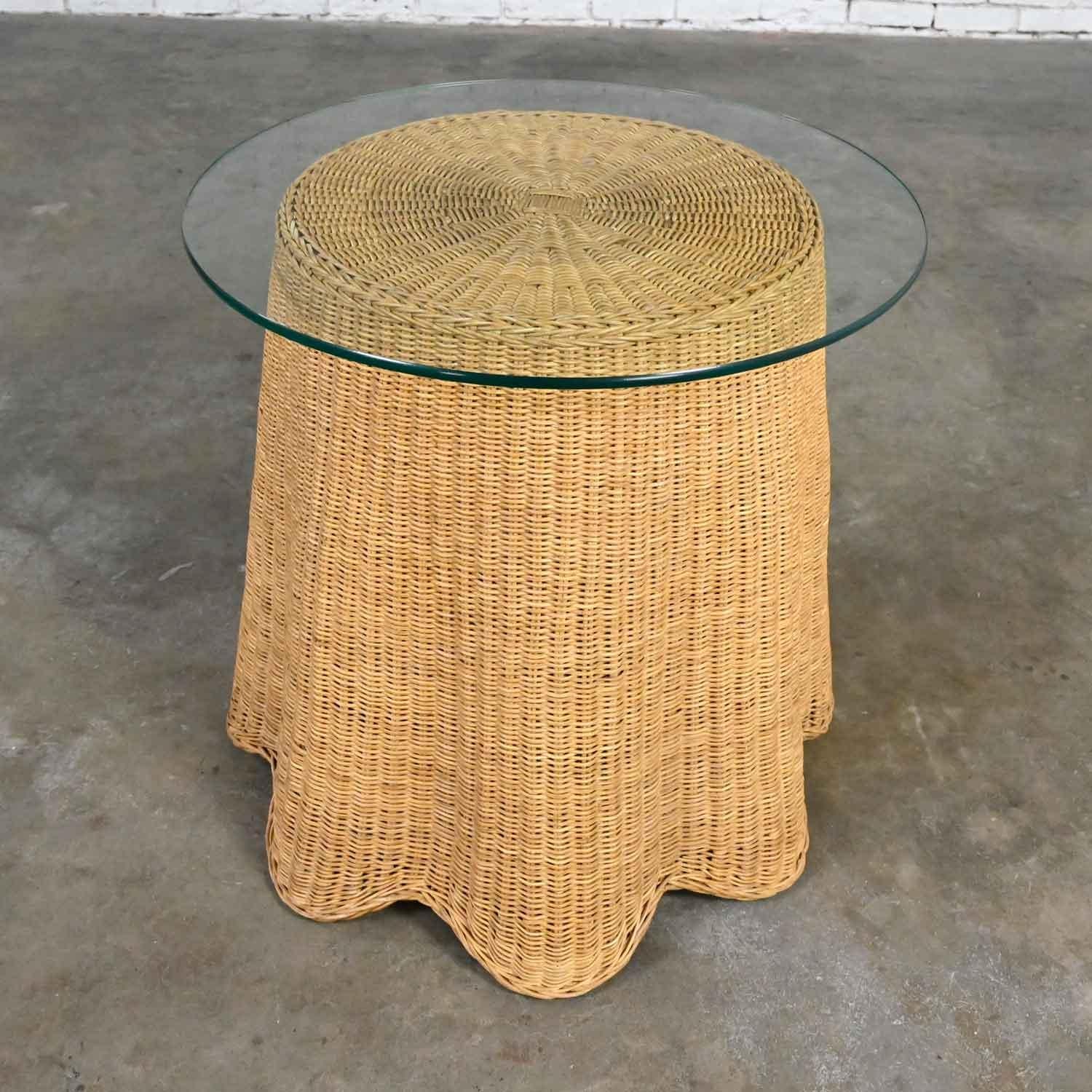 Vintage Trompe L’oeil Draped Wicker End or Side Table with Round Glass Top 9