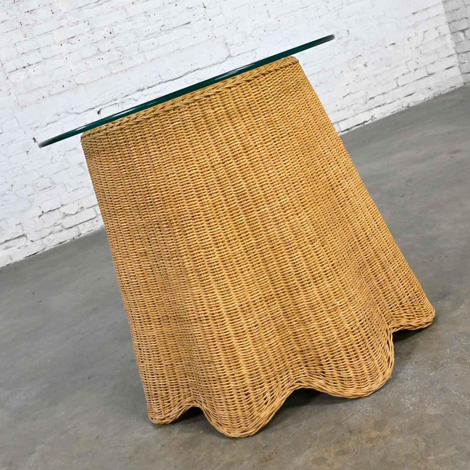 Organic Modern Vintage Trompe L’oeil Draped Wicker End or Side Table with Round Glass Top