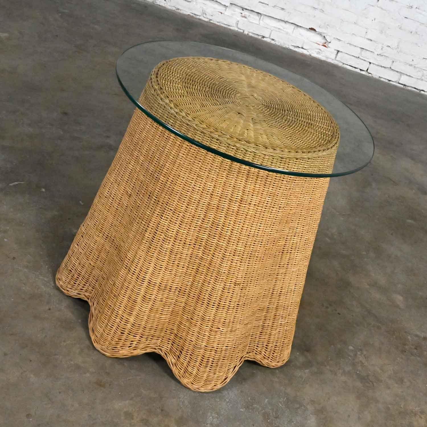 Unknown Vintage Trompe L’oeil Draped Wicker End or Side Table with Round Glass Top