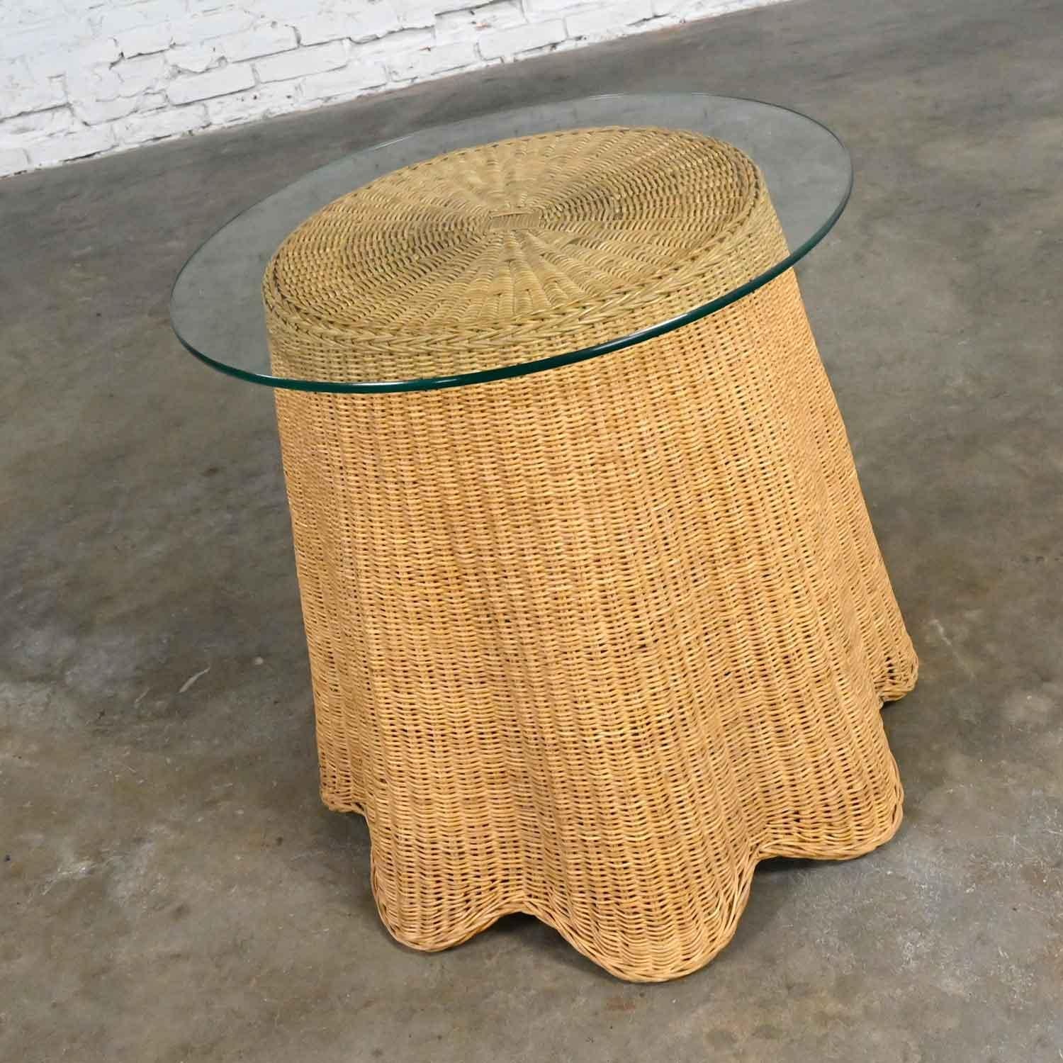 Vintage Trompe L’oeil Draped Wicker End or Side Table with Round Glass Top In Good Condition In Topeka, KS