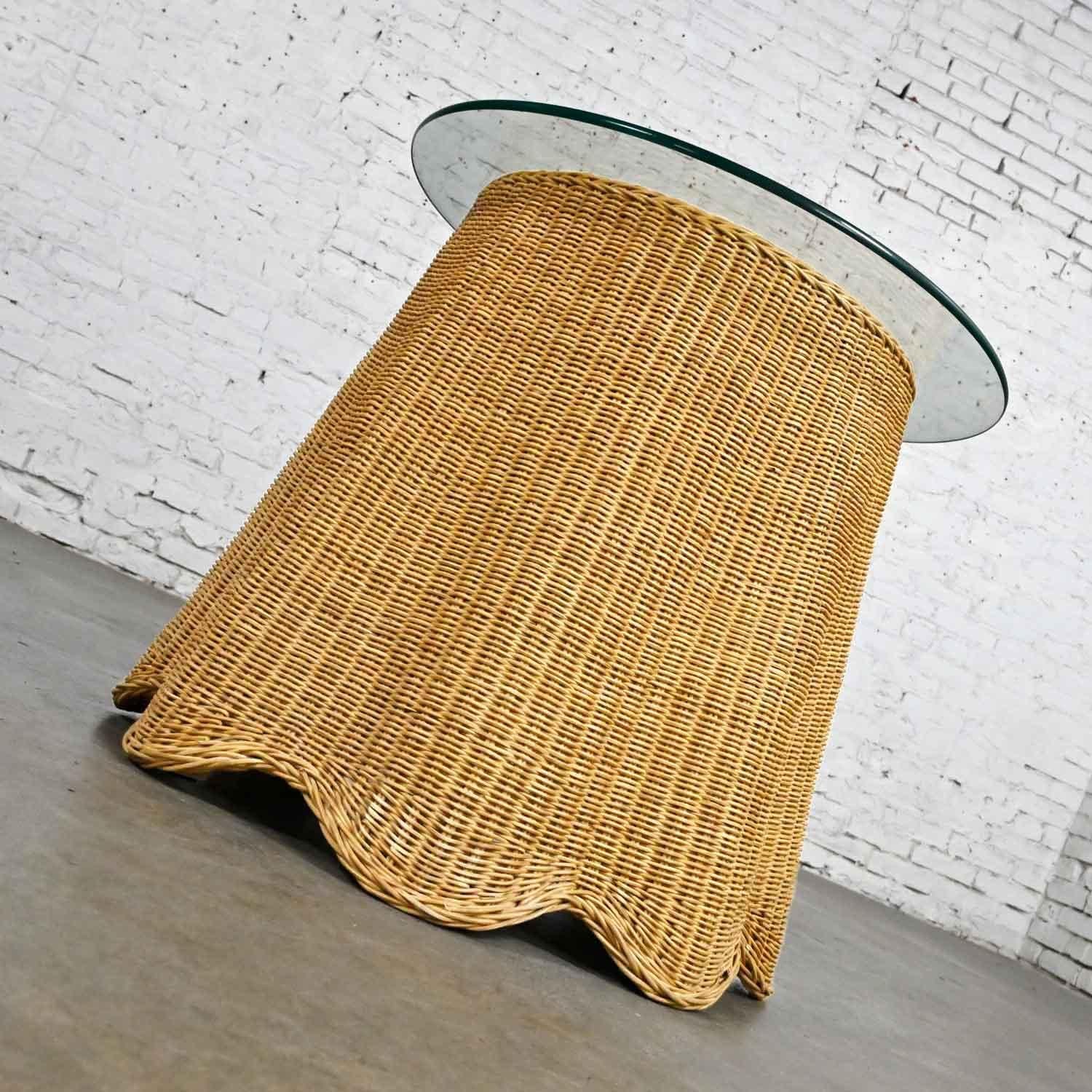 20th Century Vintage Trompe L’oeil Draped Wicker End or Side Table with Round Glass Top