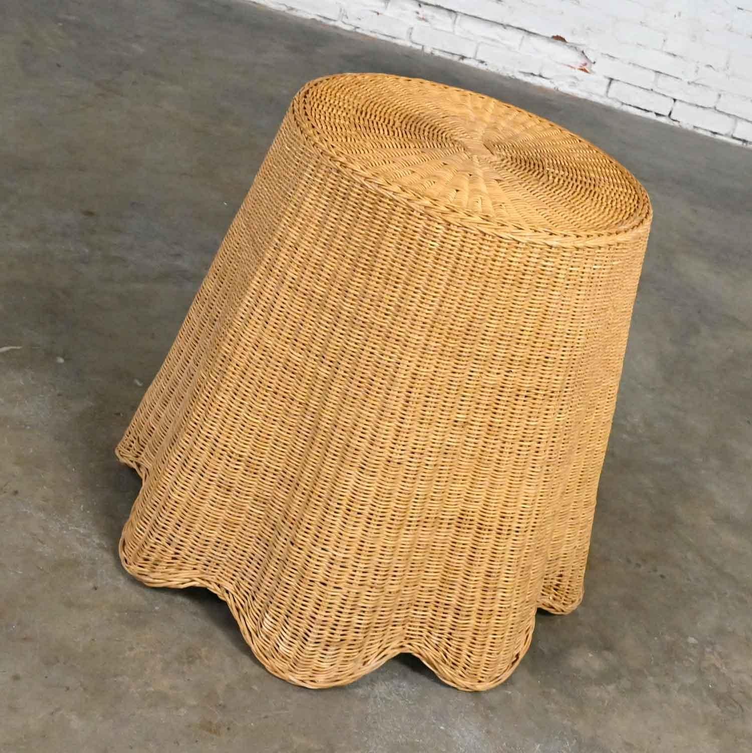 Vintage Trompe L’oeil Draped Wicker End or Side Table with Round Glass Top 2