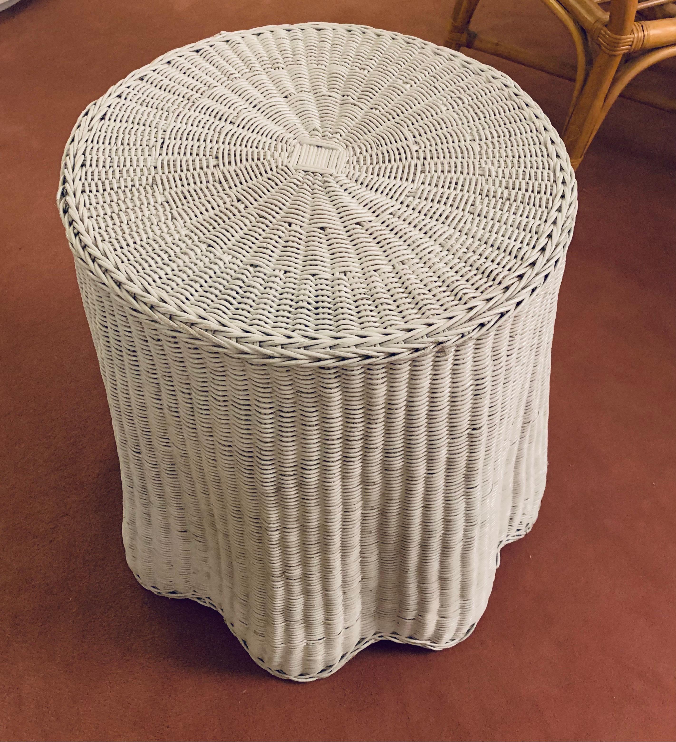 Vintage draped rattan Trompe l'Oeil Ghost side table in white. Super fun occasional piece that is lightweight yet strong.

No holes or missing reeds, a solid piece.