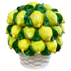 Vintage Trompe L’oeil Italian Ceramic Realistic Lemons in White Basket - 1960s C